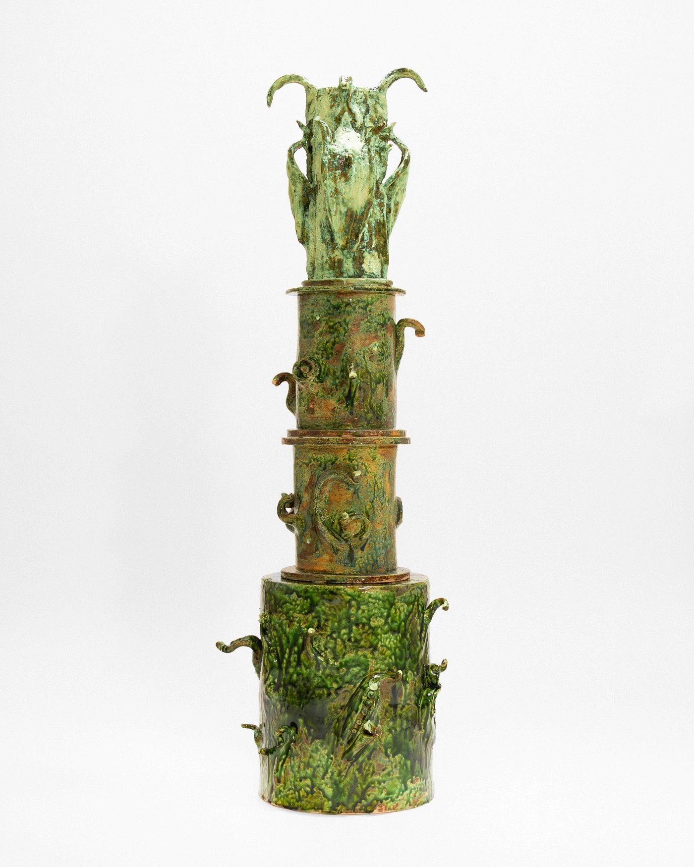 Axis Mundi II, 2024, earthenware and phosphorescent glazes, 150 × 50 cm
