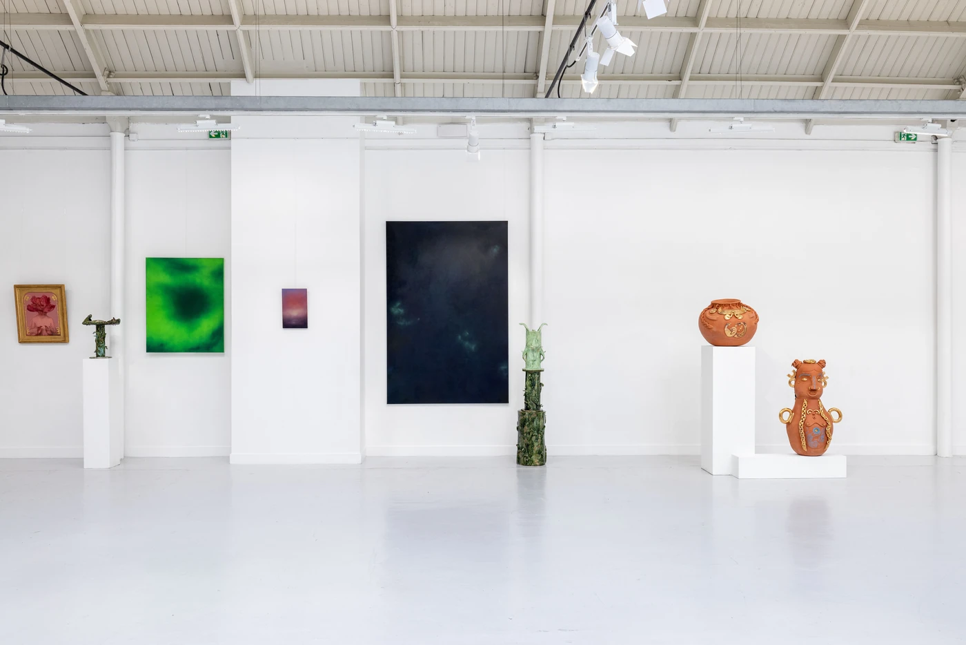 Installation view, with Lucifer, 2024, She sings in the Dark II, 2022–2024, and Axis Mundi II, 2024.