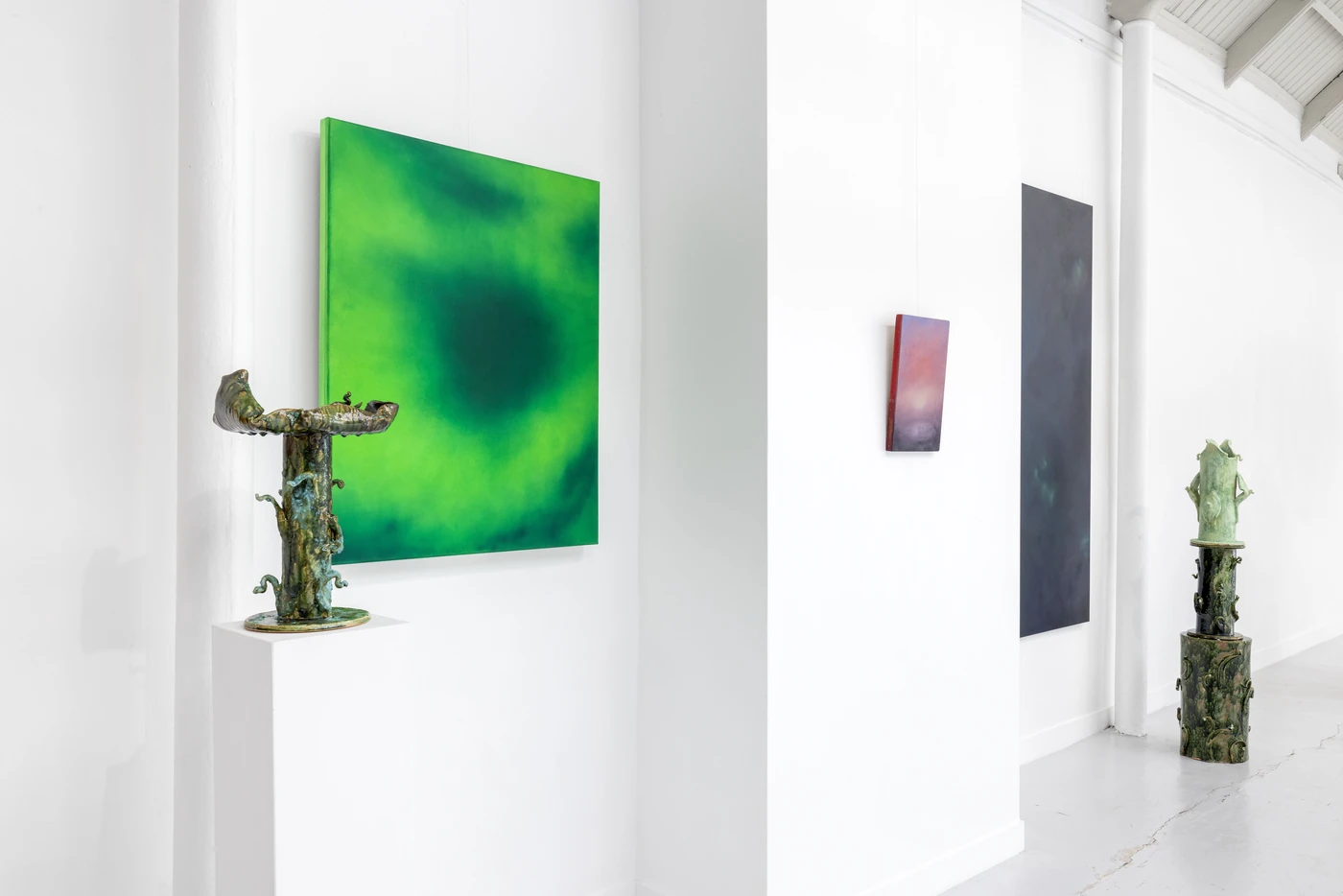 Le bain des oiseaux, 2024, and Lucifer, 2024; in the background, She sings in the Dark II and Axis Mundi II. Installation view.